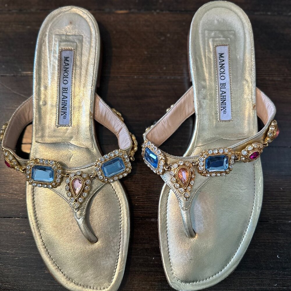 Manolo Blahnik Gold Leather Jeweled Flats - sz 38 (runs small - best for a 37)